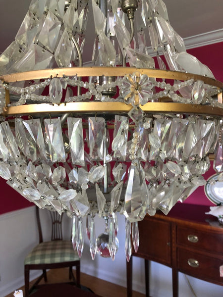 Antique French Empire Brass and Crystal Basket Chandelier
