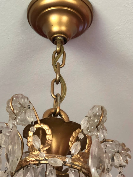 Antique French Empire Brass and Crystal Basket Chandelier