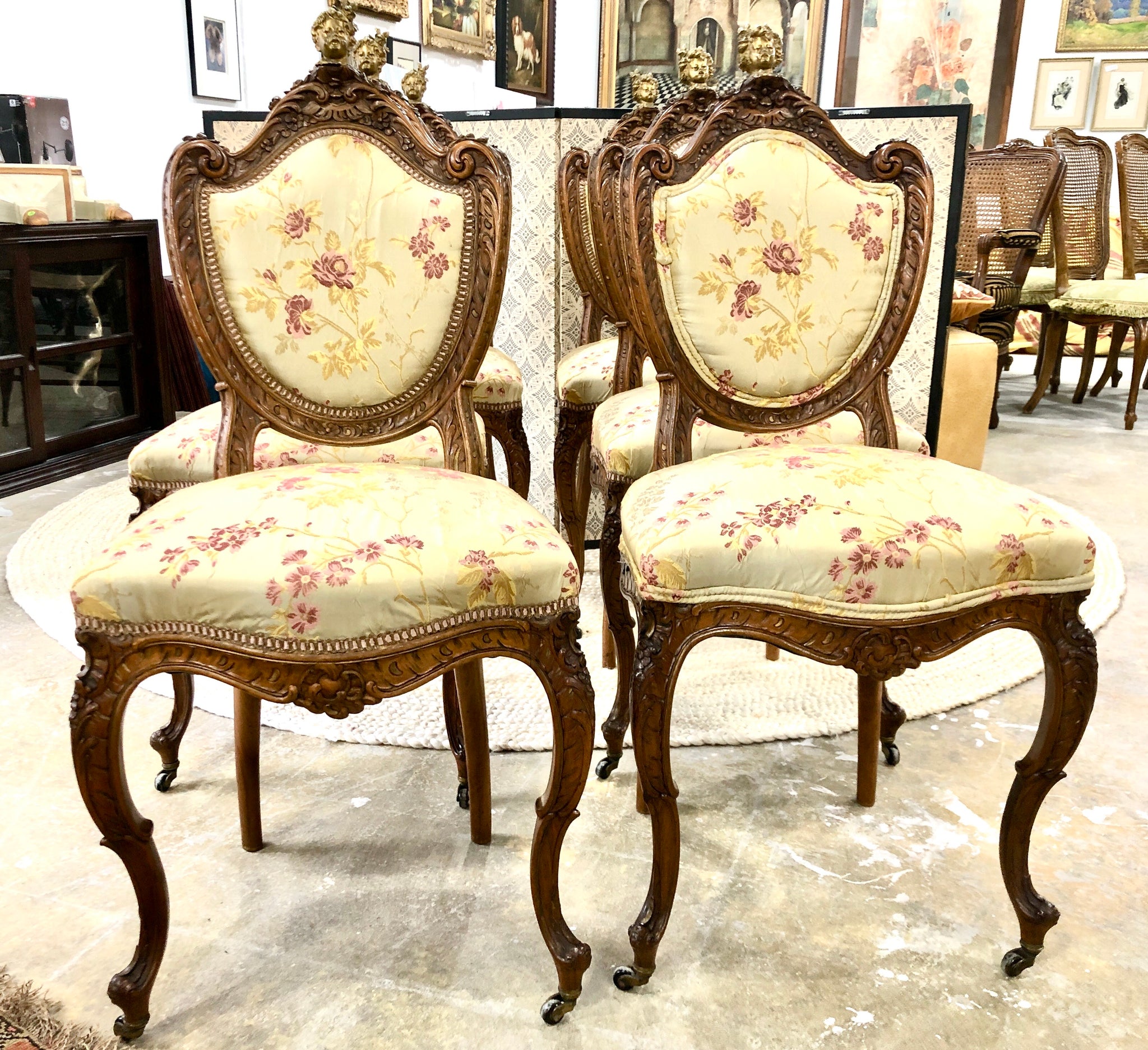 Set of 6 Antique French Louis XV Silk Gilt Dining Chairs with