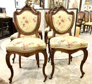 Set of 6 Antique French Louis XV Silk Gilt Dining Chairs with Solid Heavy Brass Heads
