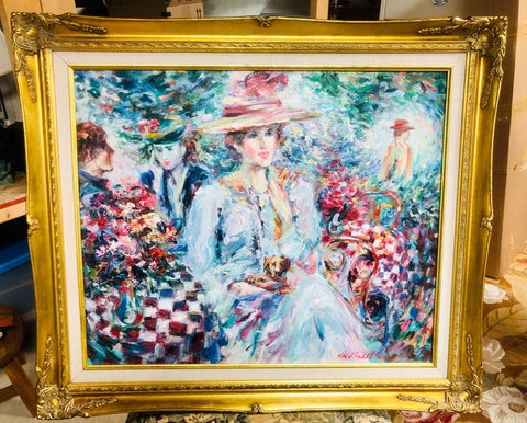 Large Gold Framed Oil Painting Lady at Lunch
