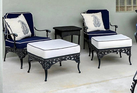 BROWN JORDAN Neoclassical Style Elegance Ottoman with Blue Cushions (2 Available)