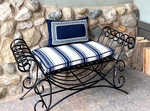 BROWN JORDAN Wrought Iron Bench with Striped Cushion