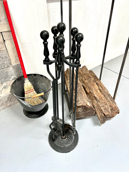 Set of 3 Fireplace Accessories - Log Rack, Tool Set, Ash Bin