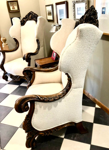 Stunning Pair of Early 18th Century French Rococo Karpen Wingback Mohagany Chairs