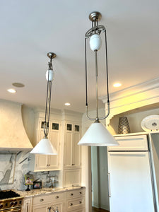 Pair of Four Hands Chrome and Milk Glass Adjustable Pendant Lights