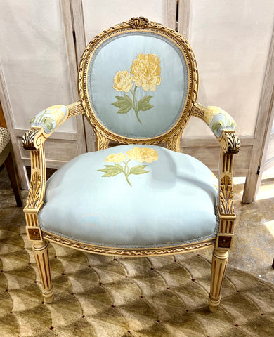 Antique Louis XVI Style Giltwood Silk Armchair, 19th Century