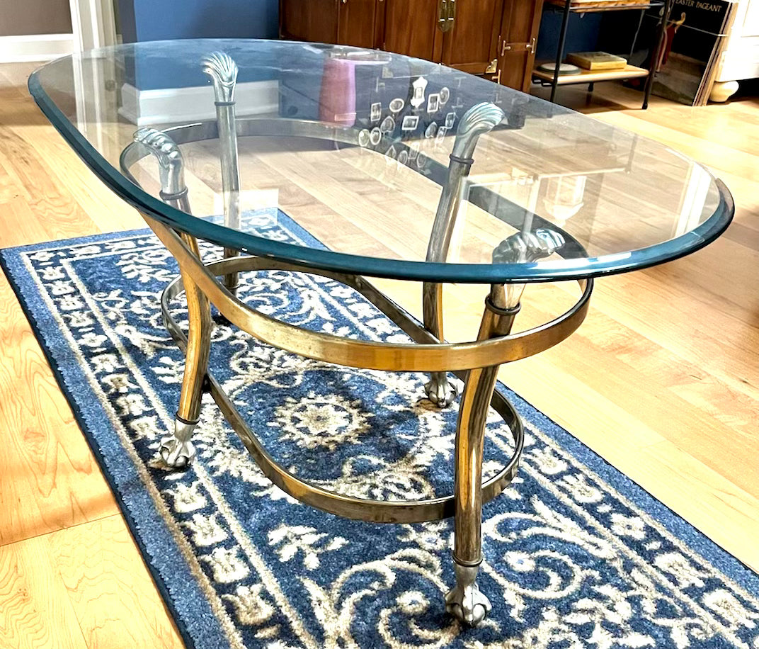 La Barge Mid Century Modern Brass and Glass Top Coffee Table with 1/2 Thick Beveled Glass Top