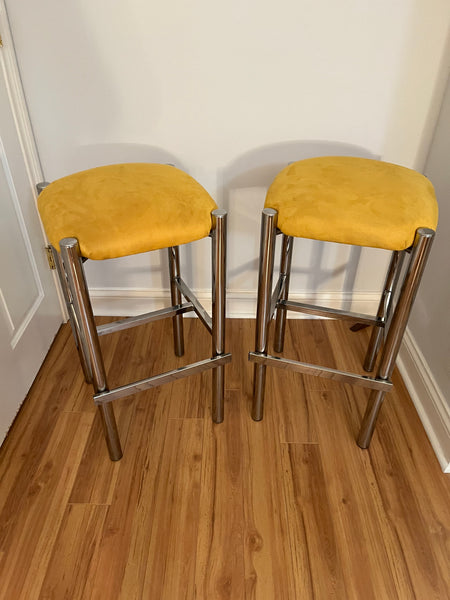 Pair of Vintage 1970's Mid Century Modern Chrome Frame Stools in the Style of Milo Baughman