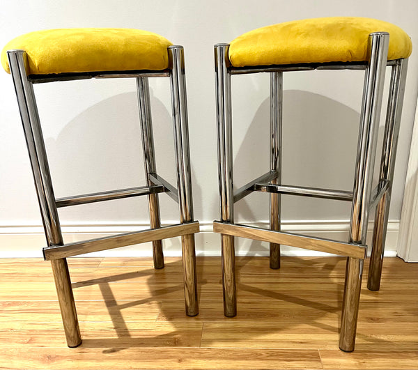 Pair of Vintage 1970's Mid Century Modern Chrome Frame Stools in the Style of Milo Baughman