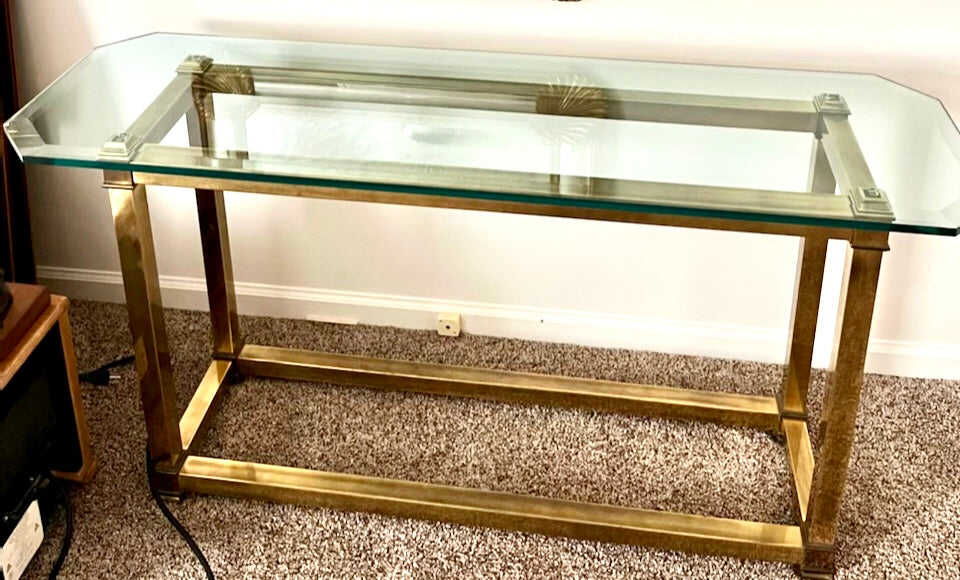 La Barge Mid Century Modern Brass and Glass Top Entry Hall Table with 1/2 Thick Beveled Glass Top