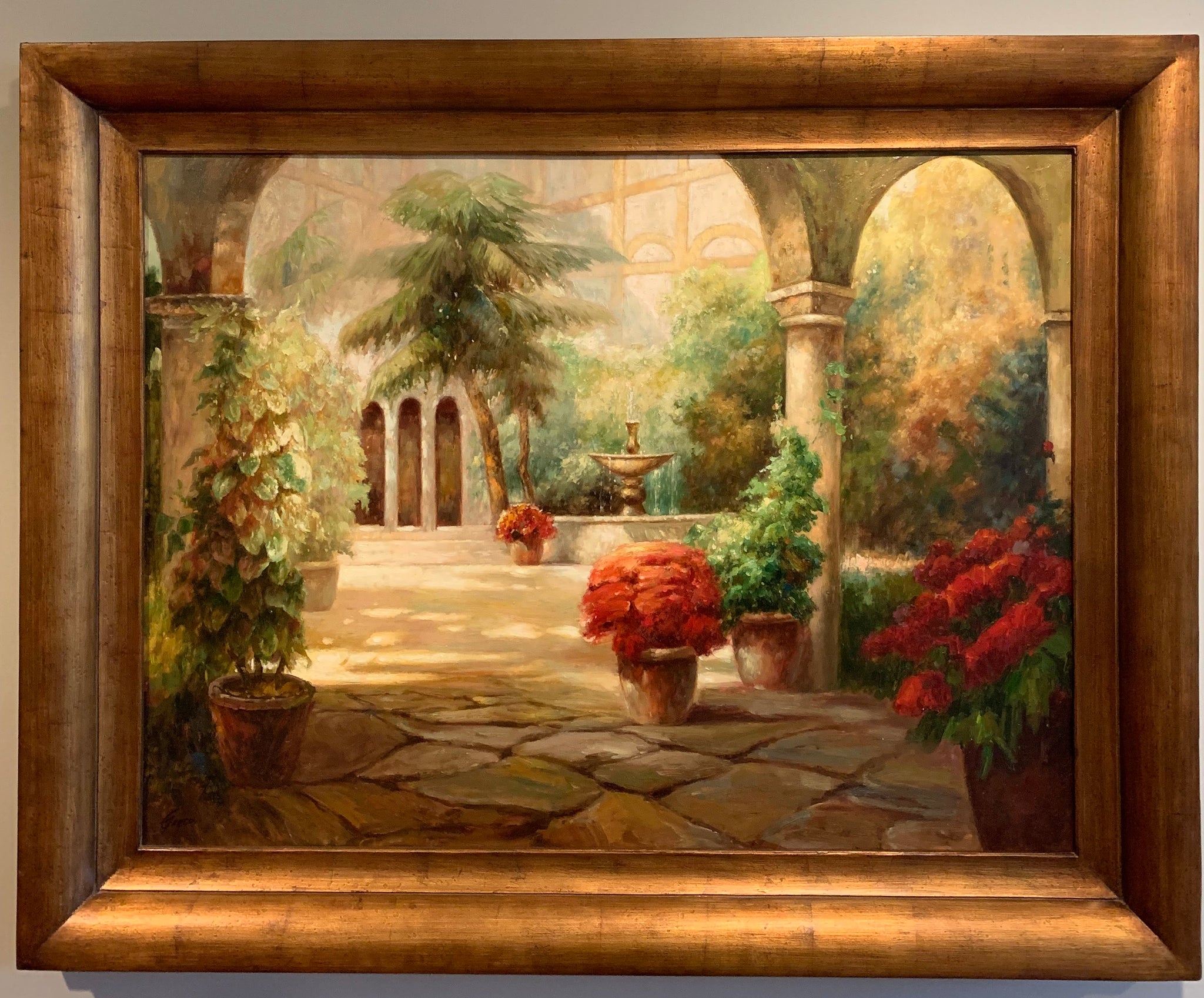 Large Oil Painting with European Architectural and Floral Scene