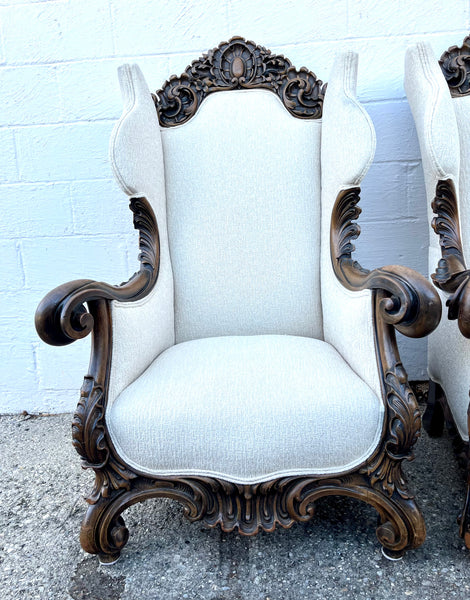 Stunning Pair of Early 18th Century French Rococo Karpen Wingback Mohagany Chairs