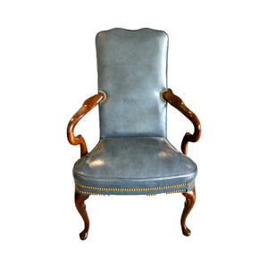 Hancock & Moore Queen Anne Style  Blue Leather Armchair