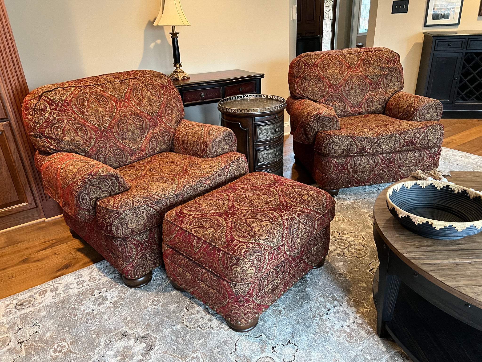 Pair of King Hickory Red Accent Chairs and Ottoman